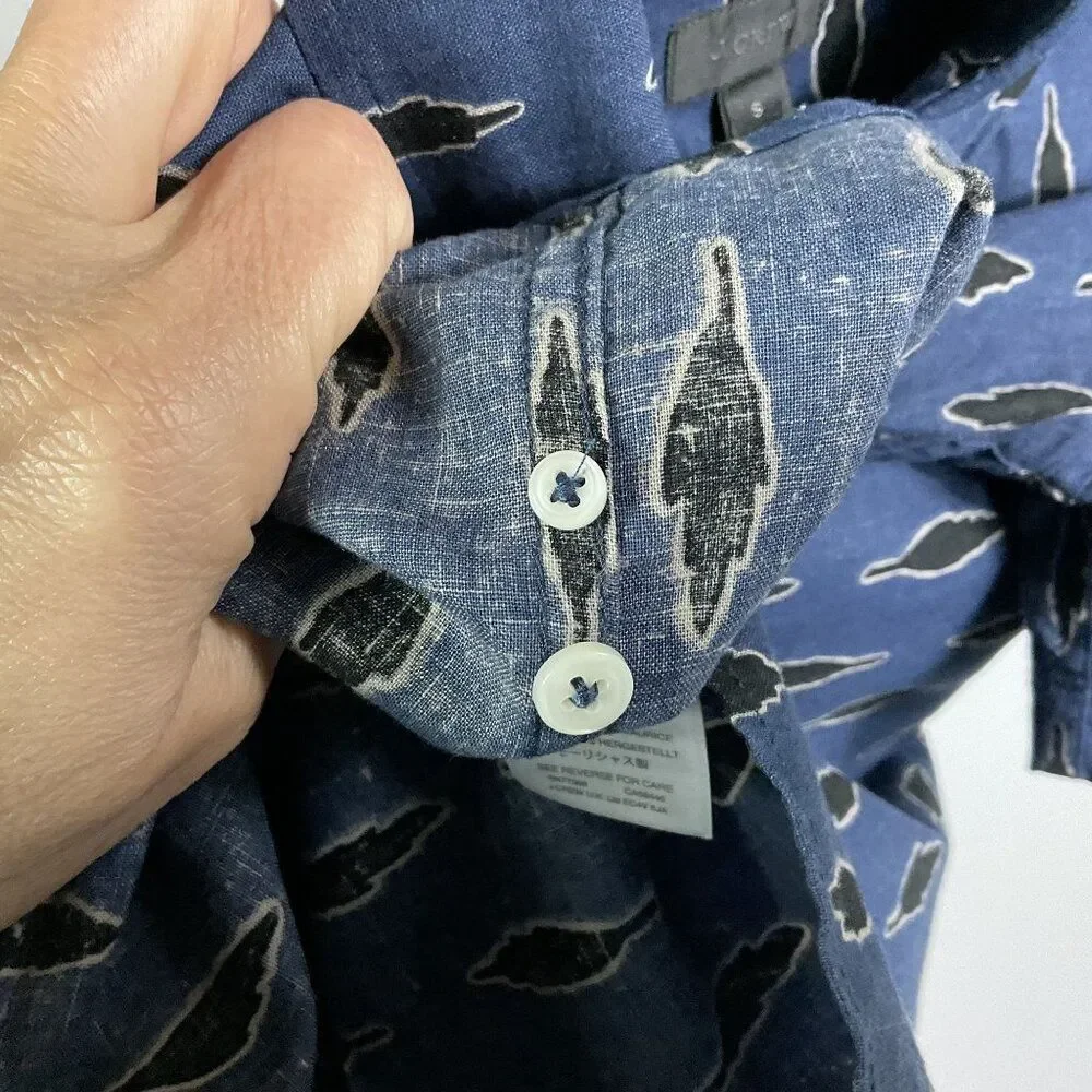 J. Crew Short-sleeve linen-cotton shirt in leaf print, men's small, blue/black